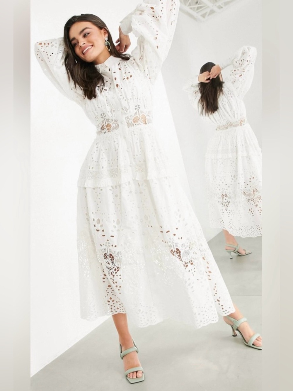 ASOS White Eyelet Midi Dress with Lace Insets